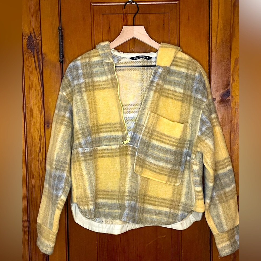 Zara Size XS Plaid Half Zip Pullover With Hood
